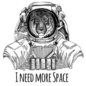 Wild cat Leopard Cat-o'-mountain Panther Astronaut. Space suit. Hand drawn image of lion for tattoo, t-shirt, emblem, badge, logo patch kindergarten poster children clothing