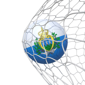 San Marino flag soccer ball inside the net, in a net.