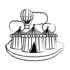 sketch of circus tents and hot air balloon icon over white background, vector illustration