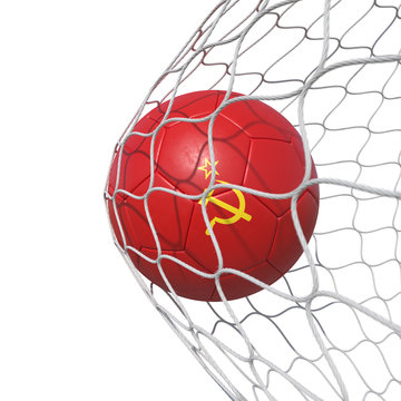 Soviet Union flag soccer ball inside the net, in a net.