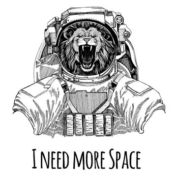 Wild animal. Wild cat. Lion. Astronaut. Space suit. Hand drawn image of lion for tattoo, t-shirt, emblem, badge, logo, patch, kindergarten poster, children clothing