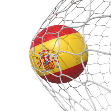 Spain Spanish flag soccer ball inside the net, in a net.