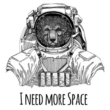 Brown bear Russian bear Space suit. Hand drawn image of bear for tattoo, t-shirt, emblem, badge, logo patch kindergarten poster children clothing