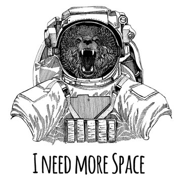 Bear Astronaut. Space suit. Hand drawn image of bear for tattoo, t-shirt, emblem, badge, logo patch kindergarten poster children clothing