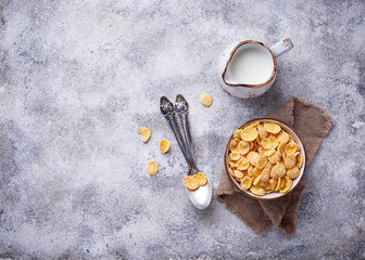 Sweet cereal corn flakes in bowl