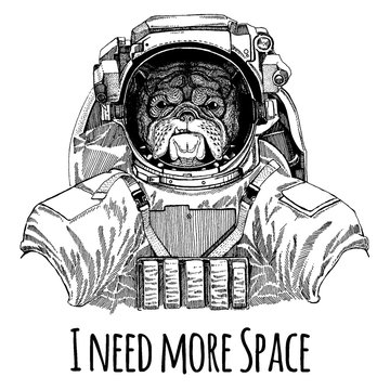 Bulldog Astronaut. Space suit. Hand drawn image of lion for tattoo, t-shirt, emblem, badge, logo patch kindergarten poster children clothing