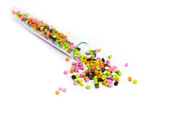 Plastic pallets . Plastic raw materials in granules for industry.