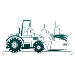 Farm tractor vehicle at city over cityscape vector illustration graphic design