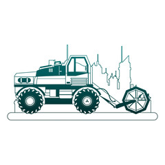 Farm tractor vehicle at city over cityscape vector illustration graphic design