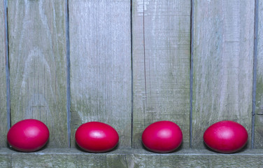 Obraz premium Red Easter eggs on rustic wooden fence background