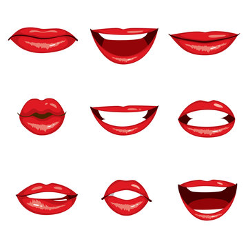 Collection set of nine different red lips gesturing