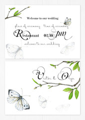 Set of two templates for greetings or invitations to the wedding in green and pink colors. Illustration by markers, a cute background of twigs with green leaves and white butterflies.