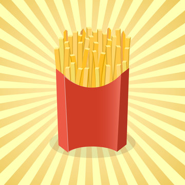 French fries in paper box - cute cartoon colored picture. Graphic design elements for menu, packaging, advertising, poster, brochure. Vector illustration of fast food for snackbar, cafe or restaurant.