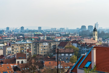 Belgrade, Serbia April 07, 2018: Panorama of Belgrade and roofs of Zemun from the tower of Gardos.
