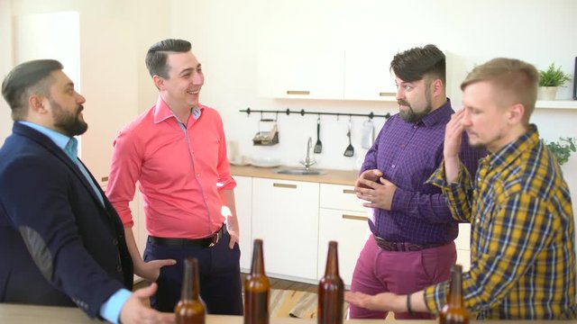 Four men having fun on bachelor party, party time. 4 k