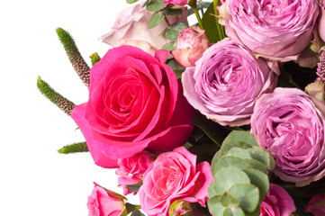 Bouquet of different roses on a white background, close-up