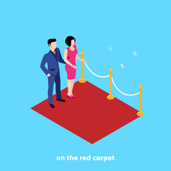 a man in a business suit and a woman in a dress stand on a red carpet, an isometric image