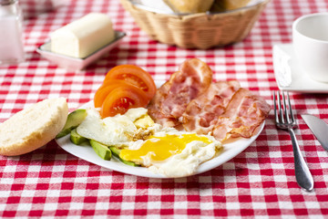 bacon and eggs with avocado and tomato, bread and coffee