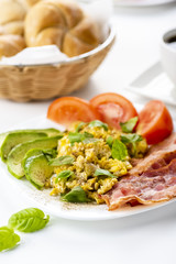 bacon and eggs with avocado and tomato, bread and coffee