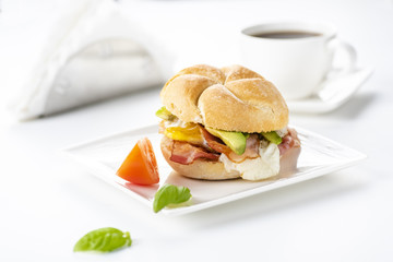 sandwich with bacon, egg and avocado