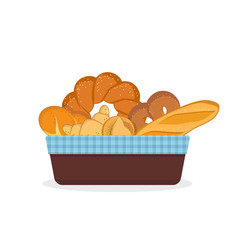 Fresh bread and bakery products in basket  on white background. Vector illustration
