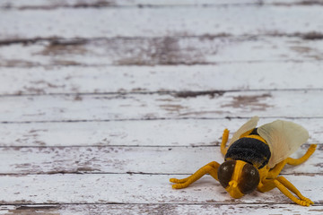 Yellow Plastic Toy Fly Insect  on Wooden Background