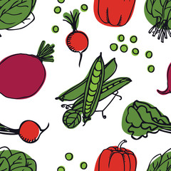 Food collection Fresh vegetables Radish, peas and spinach Seamless pattern