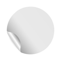 Realistic blank round paper sticker template with bent edge on white background. Sale design. 