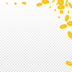 British pound coins falling. Scattered disorderly GBP coins on transparent background. Cute abstract right top corner vector illustration. Jackpot or success concept.