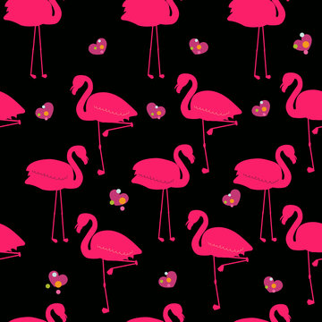  Pink flamingos with different poses seamless pattern black background