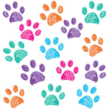 Colorful doodle paw print background