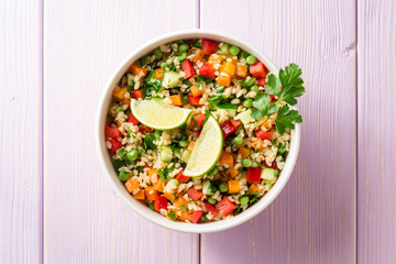 Fresh salad with bulgur and vegetables in bowl on wooden table