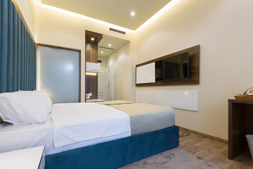 Interior of a double bed hotel bedroom