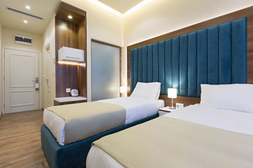 Interior of a double bed hotel bedroom