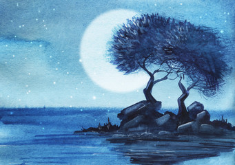 Fototapeta premium A pair of deciduous trees on a tiny rocky island. Starry moonlit night. Limited gamma gradation of blue. Hand drawn real watercolor illustration..