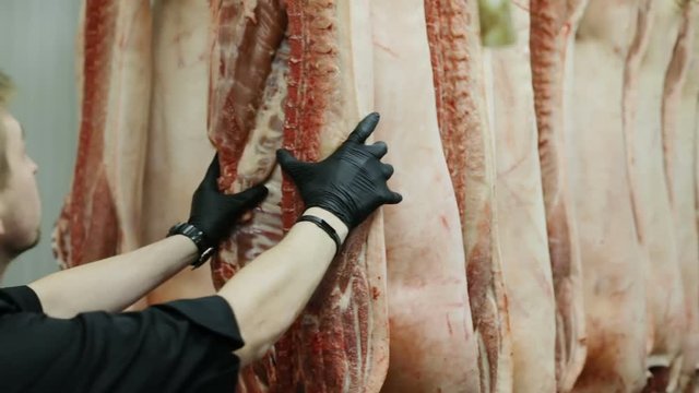 back view of butcher man working in slaughter house near carcasses of pigs in row meat factory dead pig pork meat consumerism food business enterprise hanging dead domestic animals human cruelty