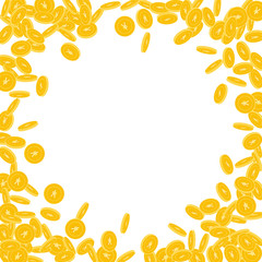 Chinese yuan coins falling. Scattered small CNY coins on white background. Emotional round random frame vector illustration. Jackpot or success concept.