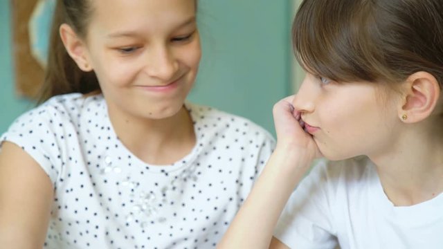 successful home education. Cute girls learning homework closeup