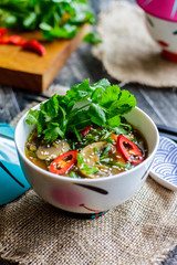 Delicious noodles in bowl -Healthy food concept closeup
