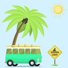 Campers vacation travel car summer nature background holiday trailer house vector illustration flat transport