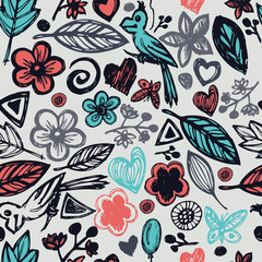 Seamless background with a pattern of geometric flowers. Floral background. Summer background with the plant design in the Scandinavian style. Vector.