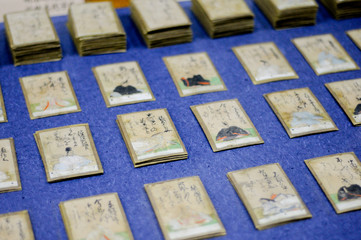 Japanese Poem Card Game lined up. There are 2 types of  cards which are for reading and taking. Japanese people play this around the new year.