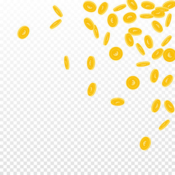 European Union Euro coins falling. Scattered small EUR coins on transparent background. Fabulous scattered top right corner vector illustration. Jackpot or success concept.
