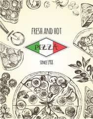 Background with round pizza, pieces of pizza, knife, parmesan. Set of Italian cuisine. Ink hand drawn Vector illustration. Composition of food elements for menu design.