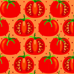 Seamless pattern with red tomato whole and in section on background of polka dots. Vector illustration for design textiles, wallpapers, postcards, poster, labels mock-up.