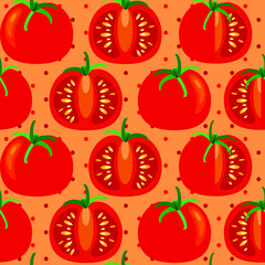 Seamless pattern with red tomato whole and in section on background of polka dots. Vector illustration for design textiles, wallpapers, postcards, poster, labels mock-up.
