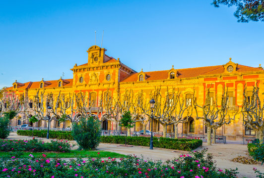 Parlament de Catalunya during sunset in Barcelona, Spain