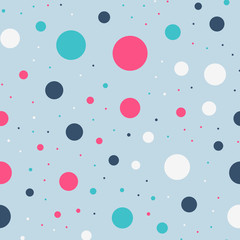 Colorful polka dots seamless pattern on bright 19 background. Overwhelming classic colorful polka dots textile pattern. Seamless scattered confetti fall chaotic decor. Abstract vector illustration.