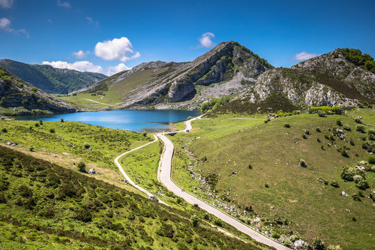 Lake Enol and mountain retreat, the famous lakes of Covadonga, Asturias , Spain
