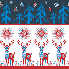 Decorative seamless pattern in folk style with reindeer image. Colorful vector background. © olga_a_belova